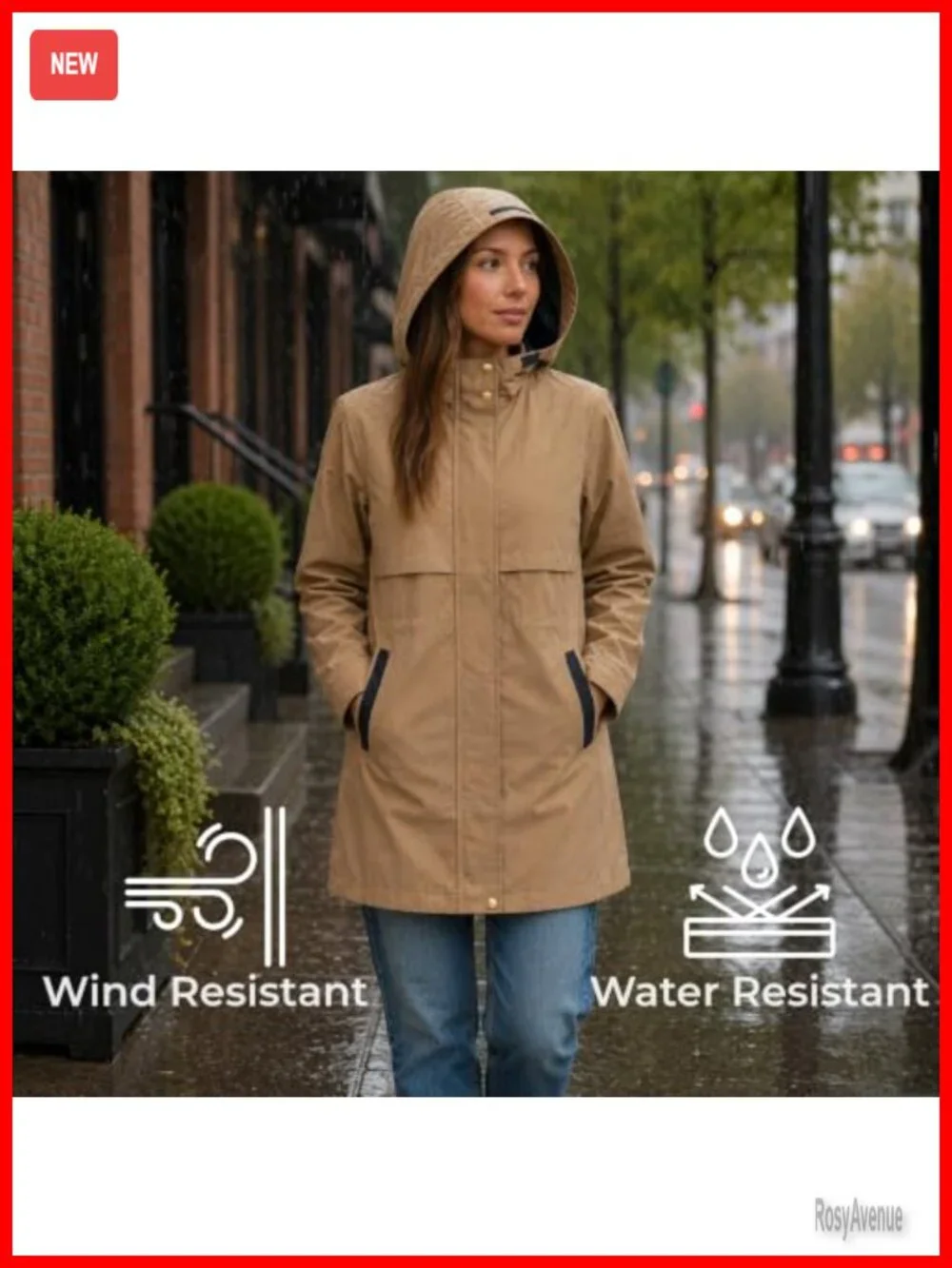 Womens Hooded Rain Jacket Long Trench Coat Windbreaker Water Resistant